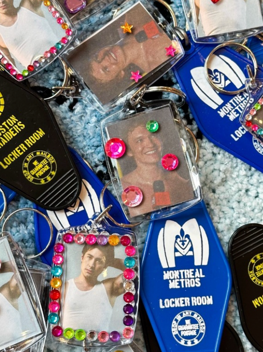 Bedazzled meme keychains (customizable!)