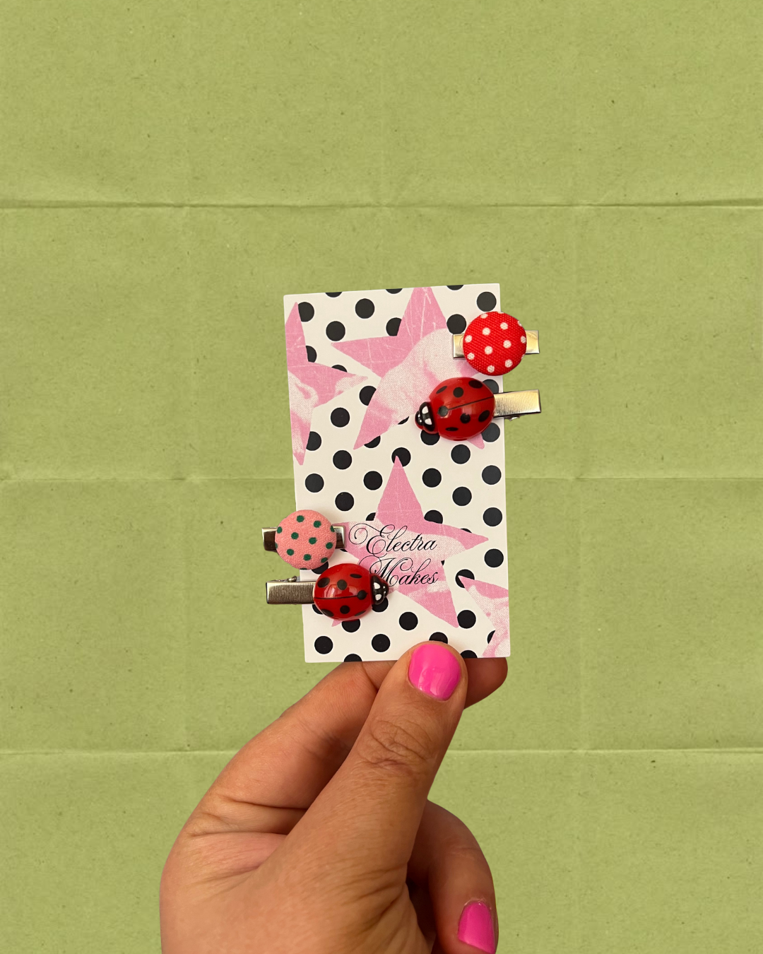 Vintage Ladybug/Fabric Button Hair Clip Barrette Set